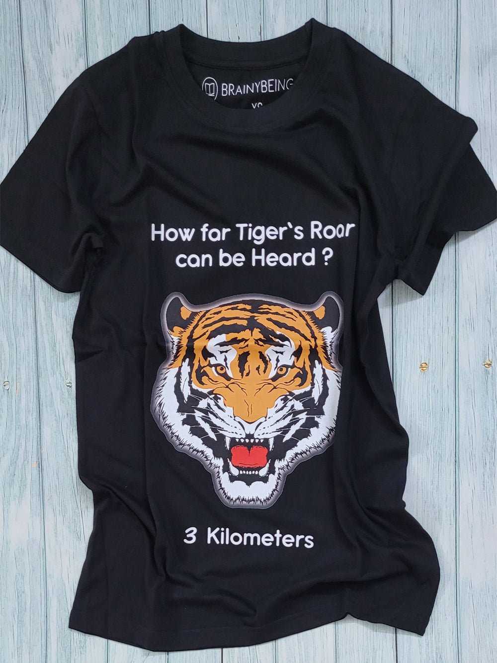 How far tiger's roar can be heard?/ Round Neck Half Sleeve Regular Fit TShirt Brainy Being Apparels S Black