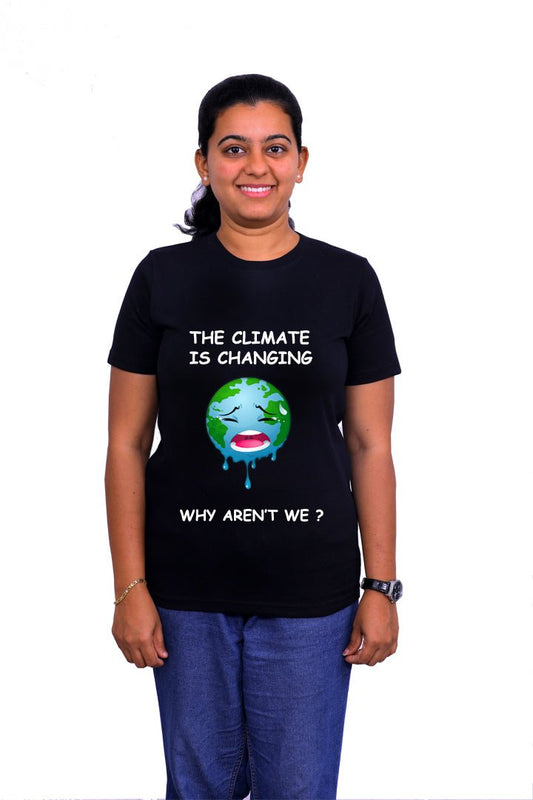 The Climate is Changing ! Why aren't We? / Round Neck Half Sleeve Regular Fit TShirt Brainy Being Apparels S Black